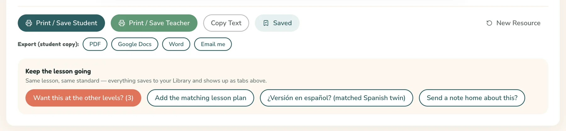 Export controls in TEKSBuilder: print or save the student and teacher copies, export to PDF, Google Docs, Word, or email, plus one-click follow-ups for other reading levels, a matching lesson plan, a Spanish version, and a note home