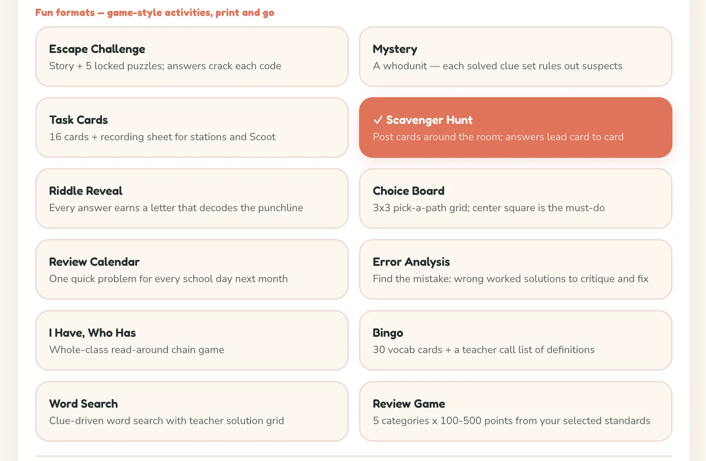 The twelve game-style formats in TEKSBuilder: escape challenge, mystery, task cards, scavenger hunt, riddle reveal, choice board, review calendar, error analysis, I have who has, bingo, word search, and review game