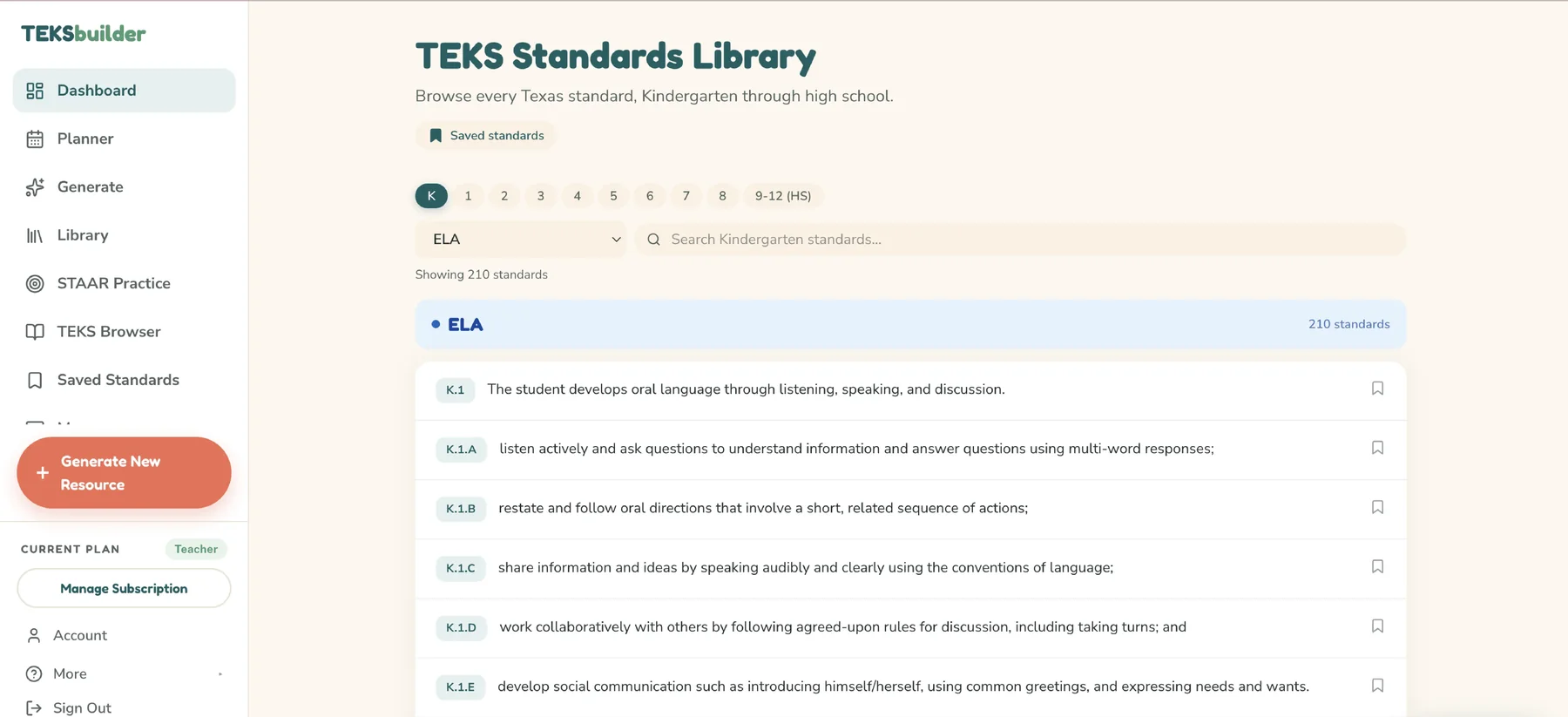TEKS Standards Library in TEKSBuilder, filtered to Kindergarten ELA, showing 210 standards with their codes and student expectations, each one saveable